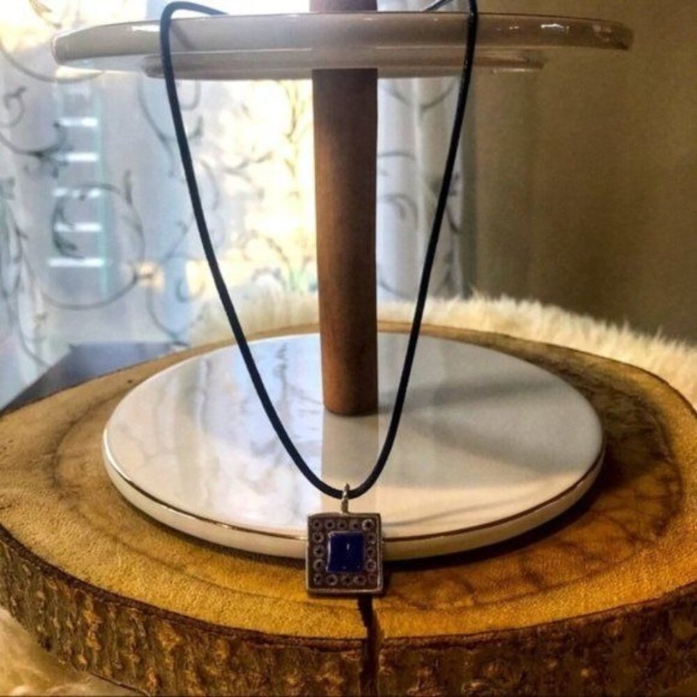 Handmade in Colorado Blue and Black Square Tile Adjustable Cord Necklace.